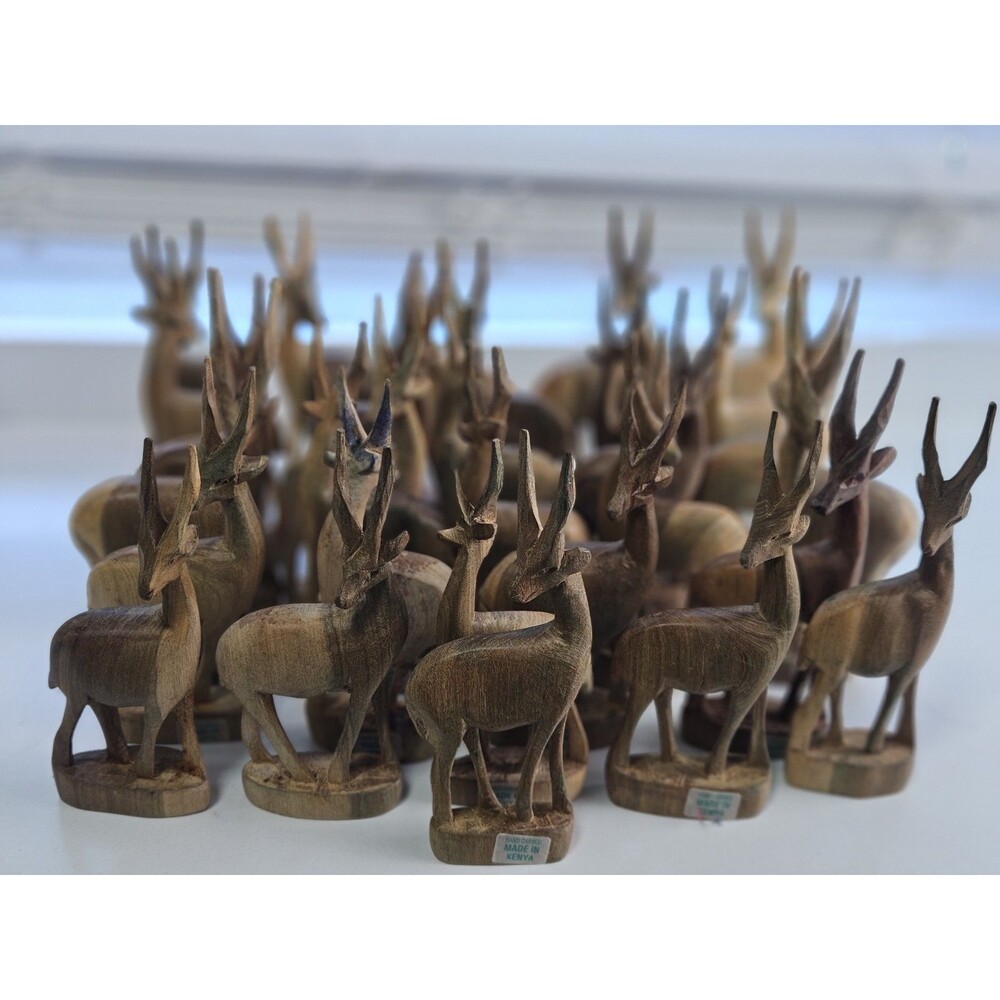 LOT OF 29 Hand Carved Wooden Deer Figurine Folk Art KENYA Sculpture 6 Inch